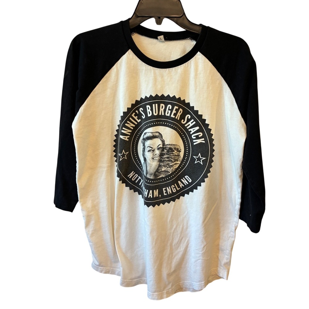 Annie's Burger Shack Raglan Shirt Unisex Large White Black Baseball Tee Novelty